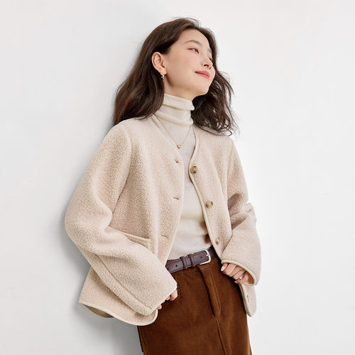 茵曼2025冬季新款短款仿羊羔绒外套女小个子休闲时尚开衫内搭上衣