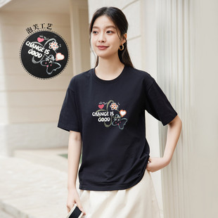 显瘦上衣爆款 茵曼2025夏季 T恤印花圆领女百搭宽松版 新款 纯棉短袖