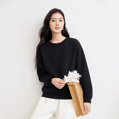 茵曼2025秋季新款卫衣外套女长袖宽松圆领无帽运动休闲上衣黑白色