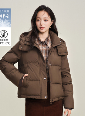 茵曼2025冬季新款长袖短款鸭绒羽绒服女上衣宽松连帽外套小个子