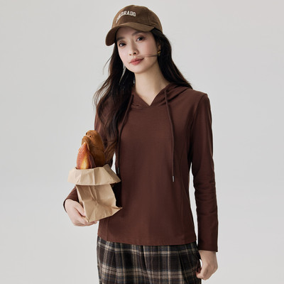 茵曼2025秋季新款纯棉长袖卫衣外套女连帽百搭运动休闲黑白色上衣