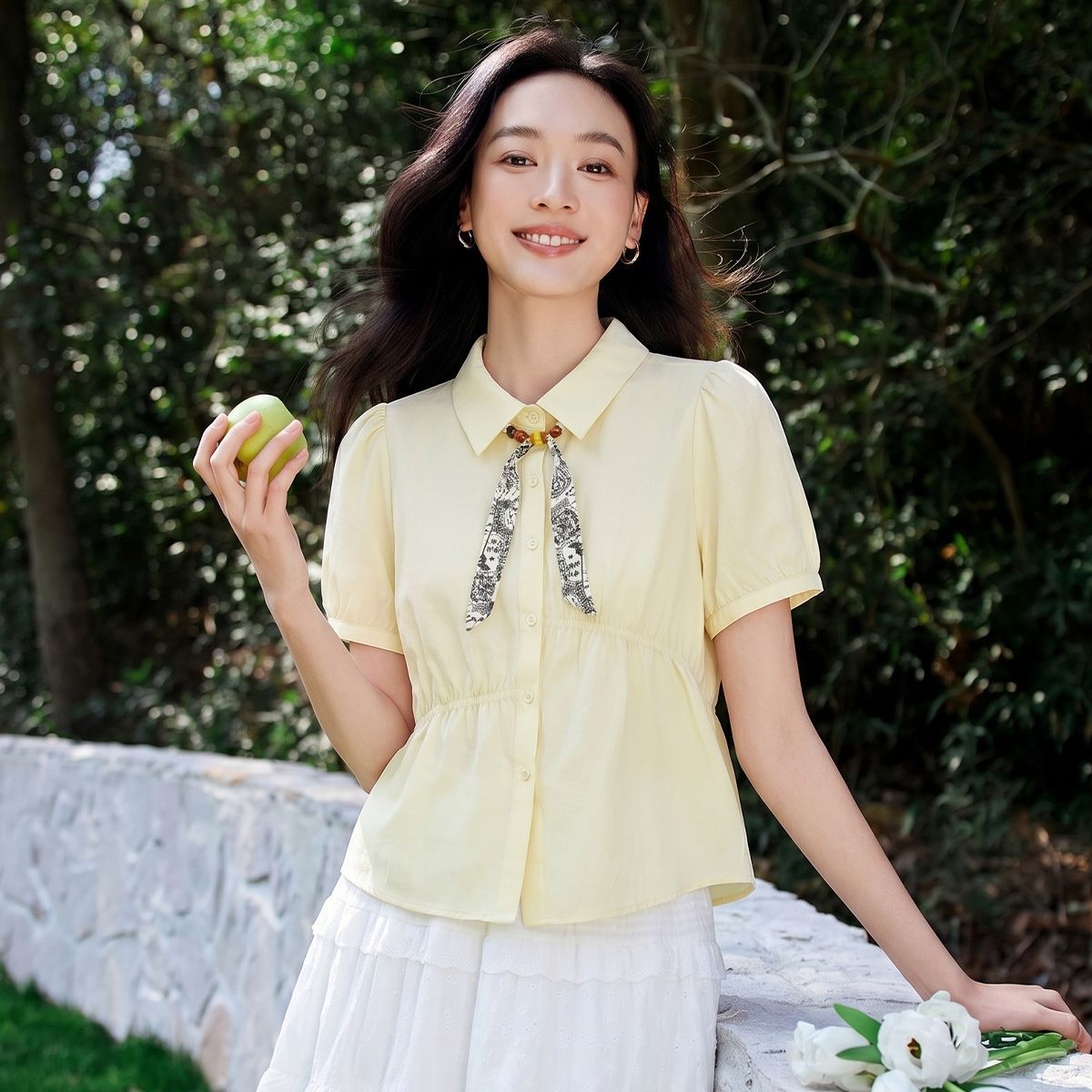 茵曼2026夏季新款欧若风温柔甜美翻领泡泡袖T恤女士显瘦短袖上衣