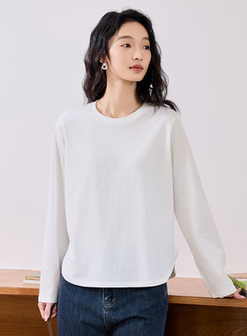 茵曼2025秋季新款纯棉长袖T恤女白色宽松显瘦百搭打底衫上衣爆款