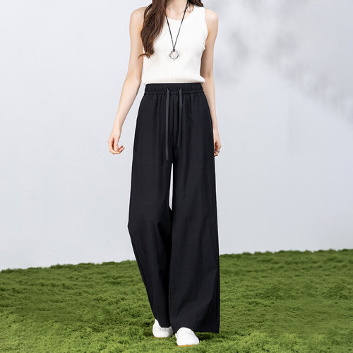 茵曼2026夏季新款高腰直筒休闲裤女复古显瘦拖地宽松垂感直筒阔腿