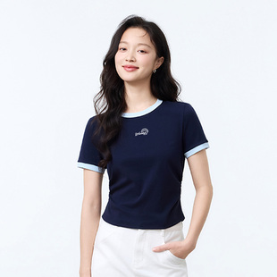 茵曼2026夏季新款撞色领正肩休闲短袖T恤女装甜美风收腰显瘦圆领