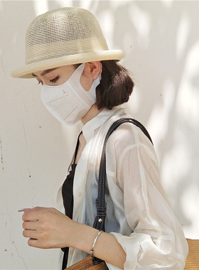 三木同款盆帽编织太阳帽薄款透气圆顶卷边草帽夏季复古法式渔夫帽