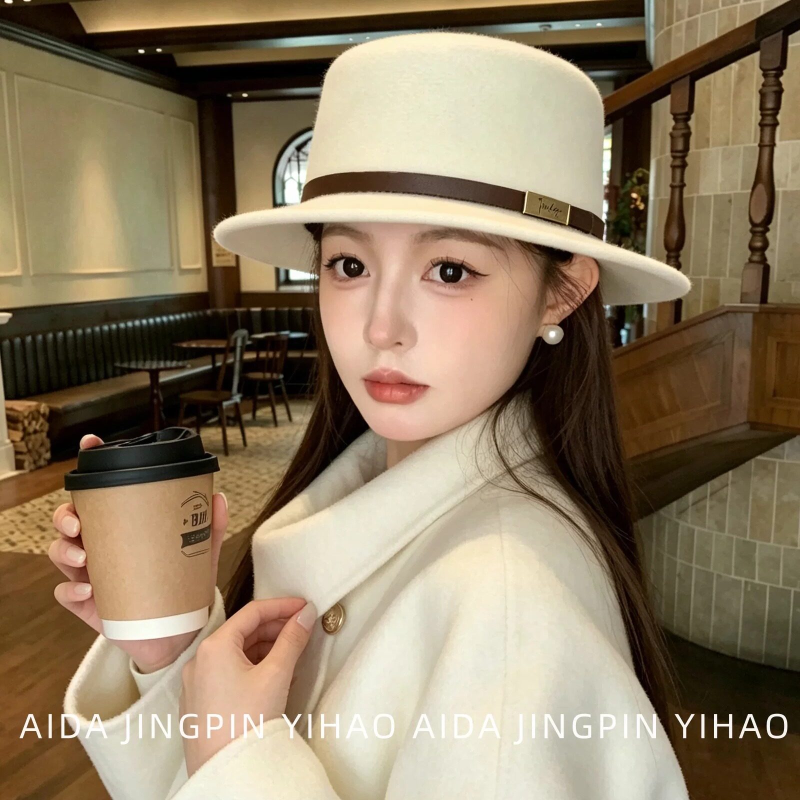 法式复古宽檐平顶帽女 羊毛质感皮带扣礼帽 修饰脸型秋冬氛围感帽