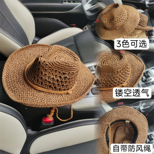 草帽男海边沙滩大头围户外遮阳帽镂空大帽檐防晒帽新款爵士太阳帽