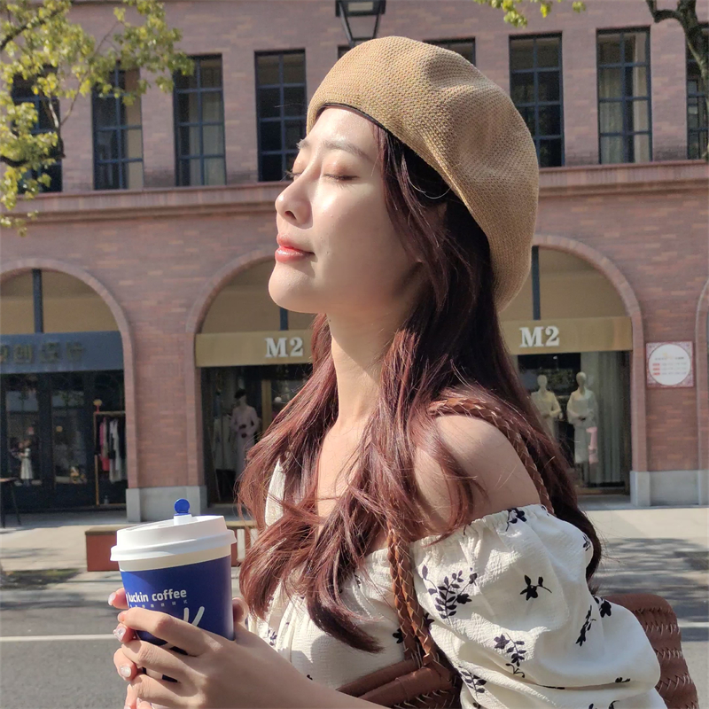 艾达精品一号 纯色针织蓓蕾帽子女春夏季文艺画家帽休闲百搭气质