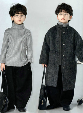 儿童灰色长款仿羊毛呢大衣秋冬夹棉加厚男女童小立领宽松韩版外套