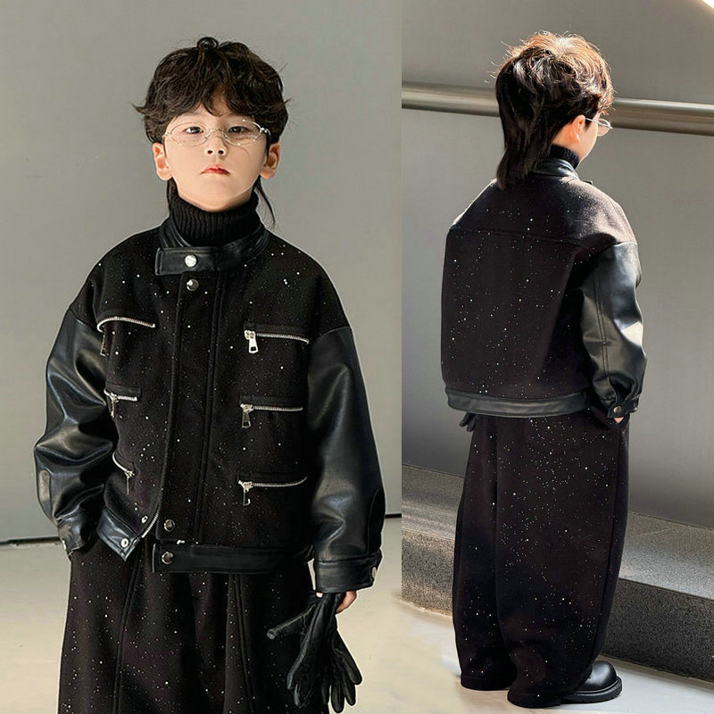 男童冬季加厚机车皮衣套装冬夹克