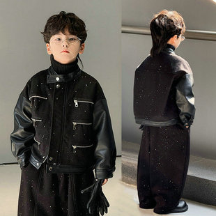 儿童立领PU皮衣阔腿裤 男童加厚外套冬亮片拉链机车服夹克帅气 套装