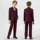 生日主持儿童礼服 酒红帅气钢琴演出西服秋冬新款 男童西装 马甲套装