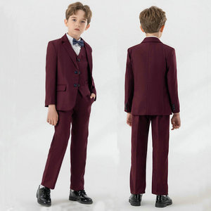 男童西装马甲套装酒红帅气钢琴演出西服秋新款2024生日主持人礼服