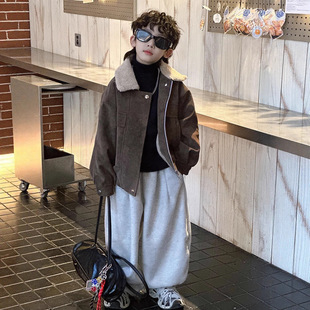 冬新款 套装 毛领夹克帅气洋气上衣 阔腿灯笼裤 男童加绒皮衣外套短款