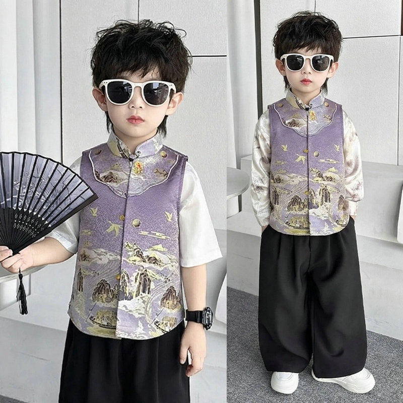 新中式幼儿童唐装马甲套装男童小立领国风春夏款汉服周岁摄影礼服