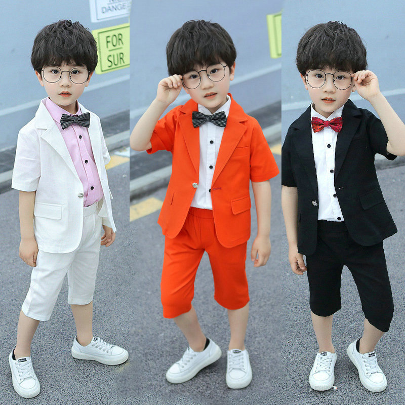礼服男童小西装外套短裤纯色套装夏新款休闲棉麻表演出服主持摄影