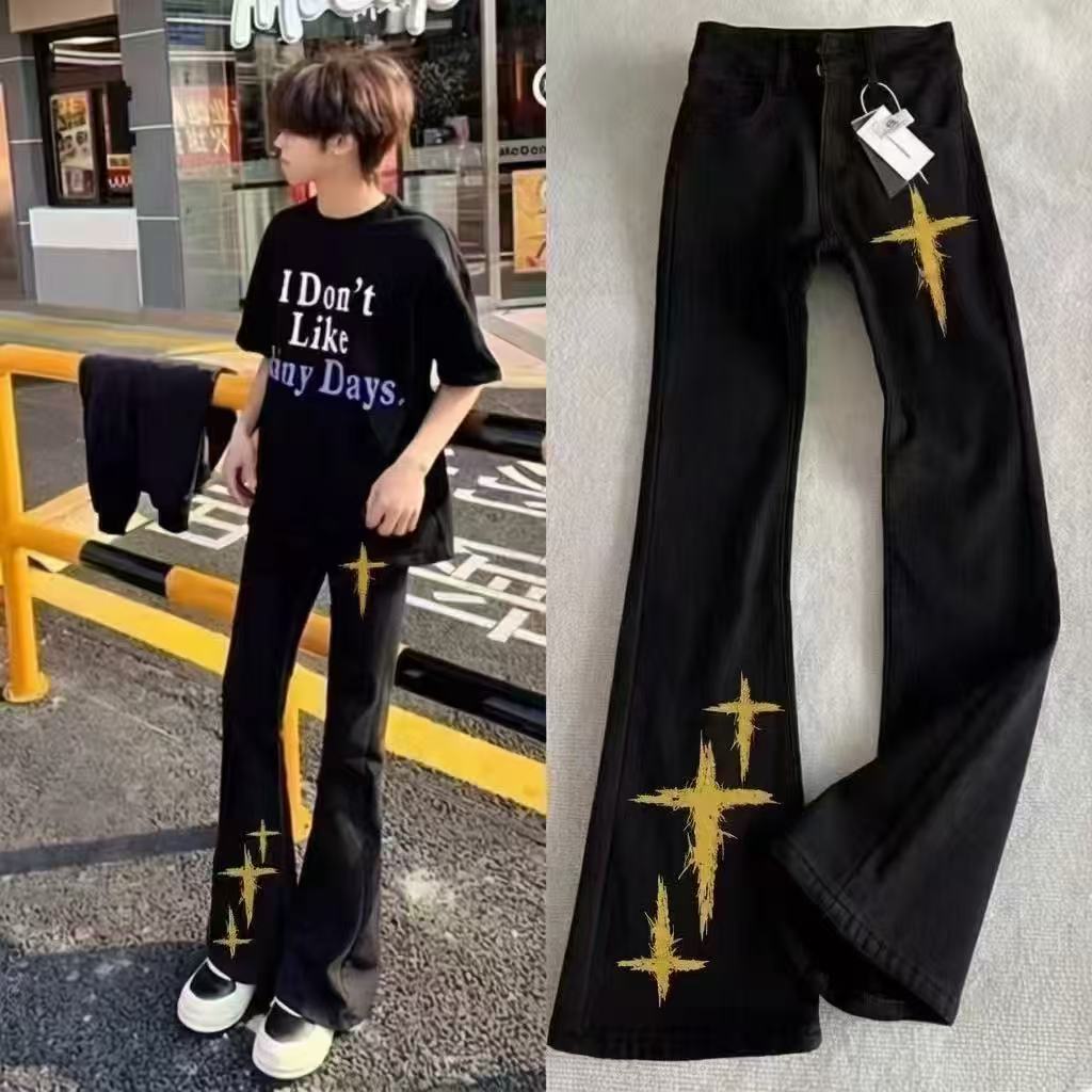 高街十字架印花黑色微喇牛仔裤男潮牌炸街美式青少年时尚潮流长裤