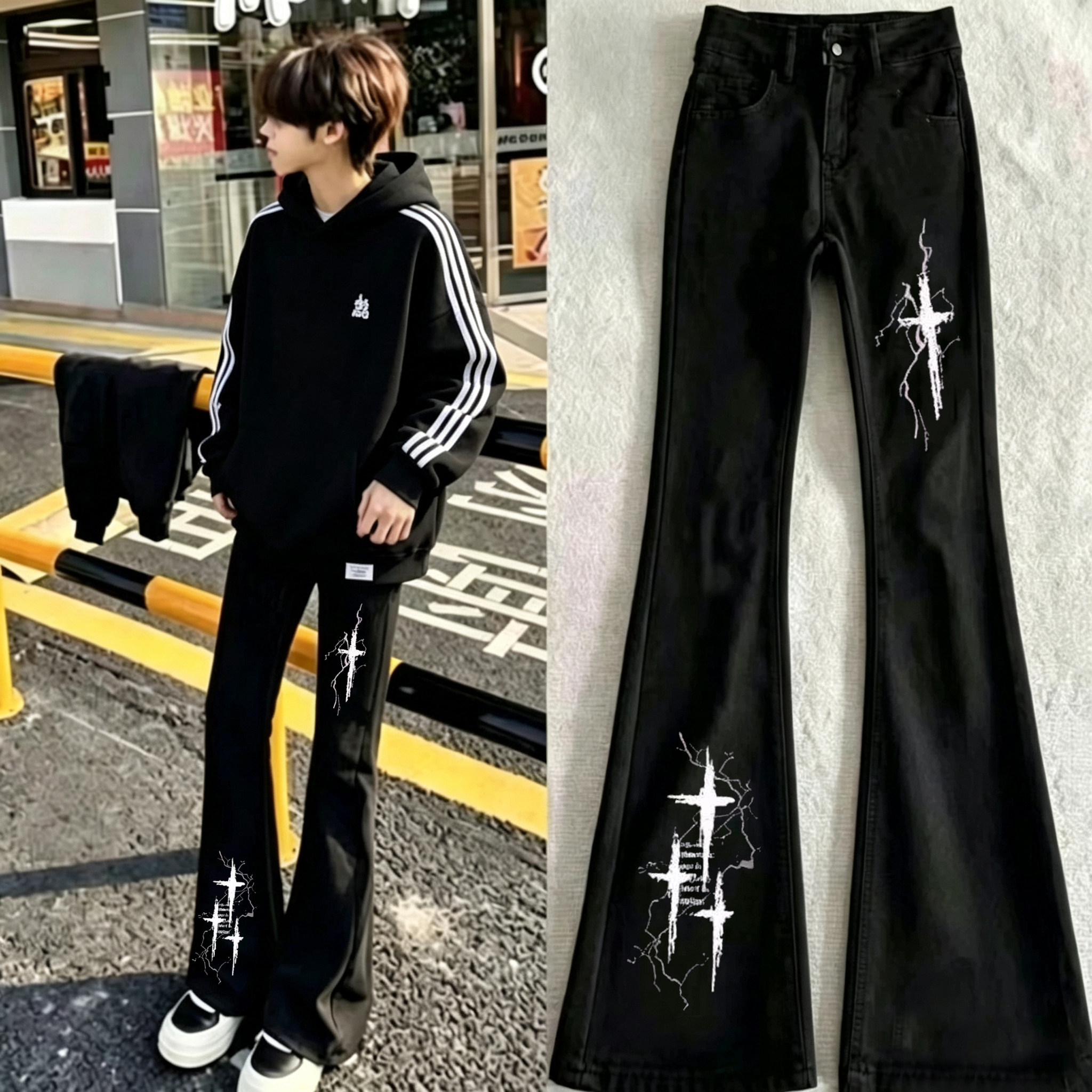 高街潮牌美式闪电十字架印花牛仔裤男女新款轻奢休闲宽松微喇长裤