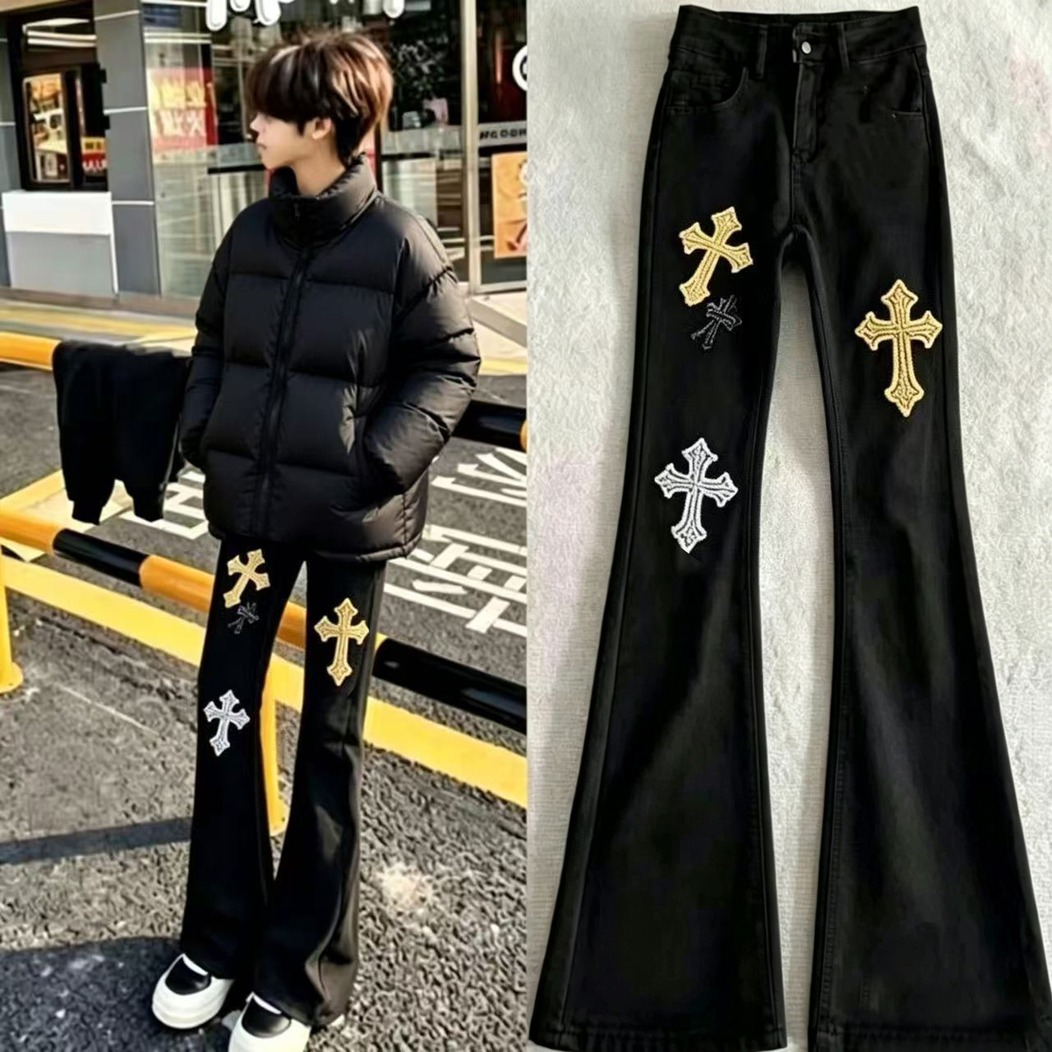 轻奢十字架炸街美式印花牛仔裤男女秋季爆款潮牌新款学生微喇裤子