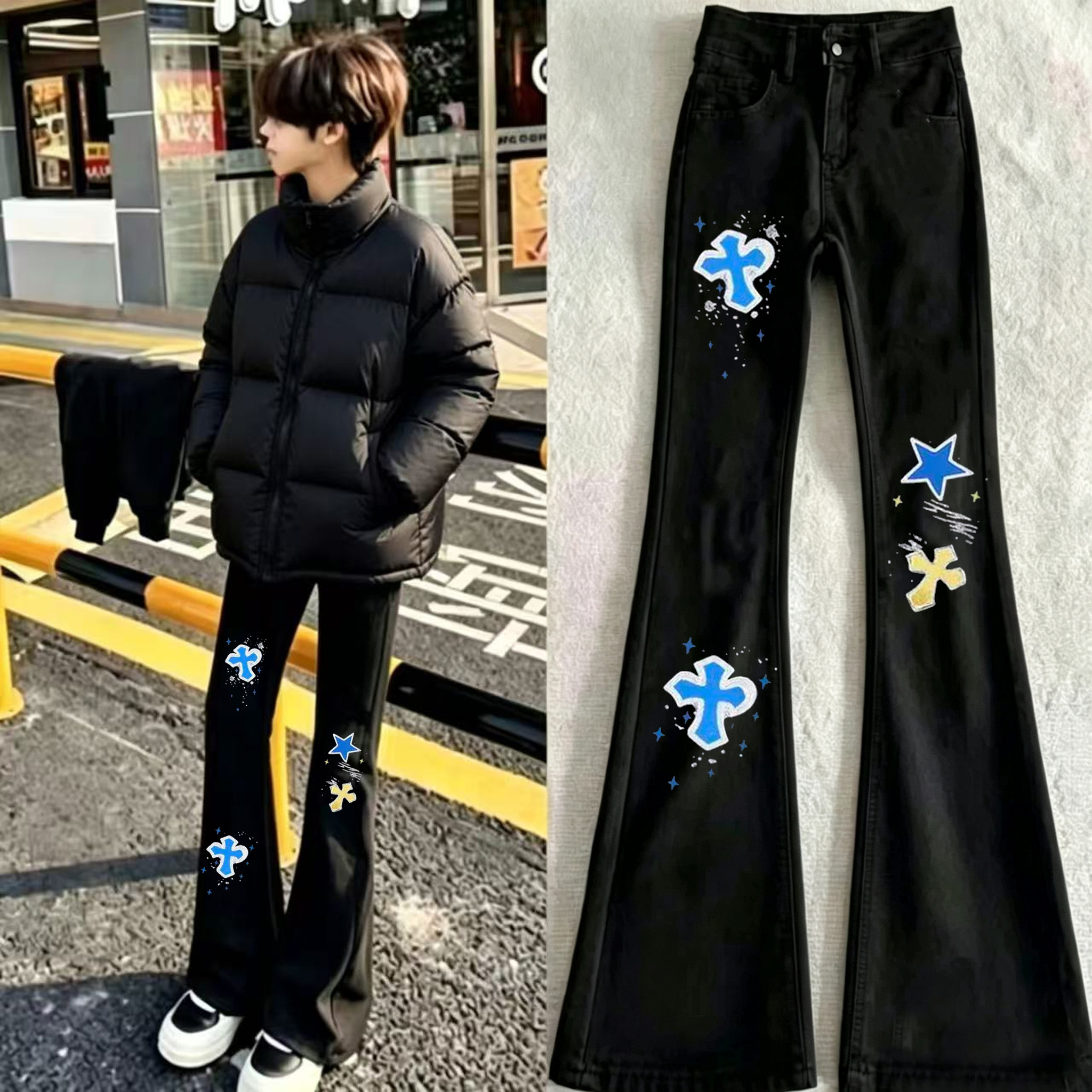 新款时尚星星十字架牛仔裤印花男女潮牌轻奢美式宽松潮流百搭长裤
