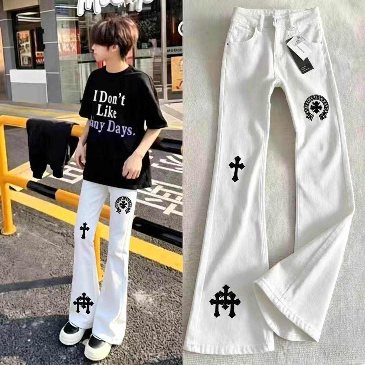 美式潮牌十字架印花白色牛仔裤男女新款百搭慵懒青少年休闲微喇裤