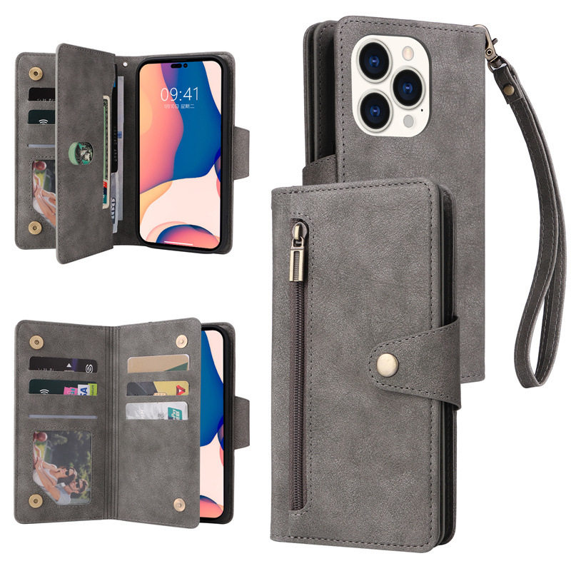 适用iPhone13 14Pro多功能铆钉拉链包手机套挂绳苹果1