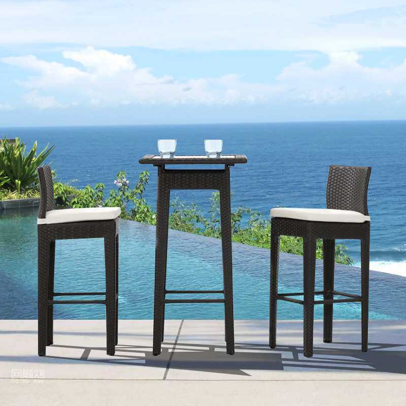 户外藤编桌椅三件套阳台庭院吧椅咖啡厅奶茶店高脚椅藤椅茶几组合