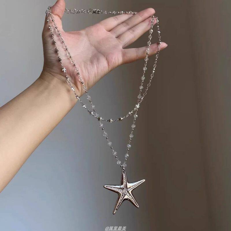 甜酷风双层叠戴银色海星吊坠项链长毛衣链颈链千禧辣妹风配饰女