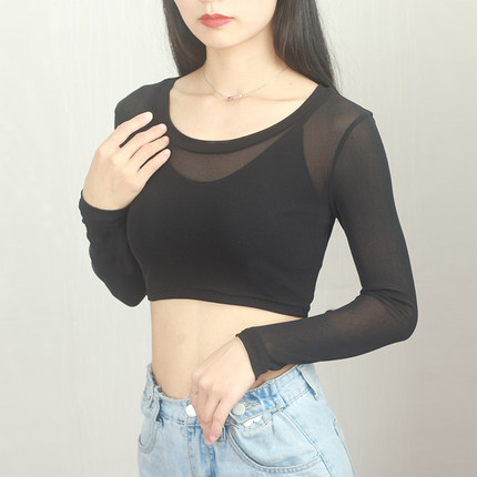 半截网纱打底衫t恤女长袖夏薄款上衣大码网纱内搭短款低领打底衫