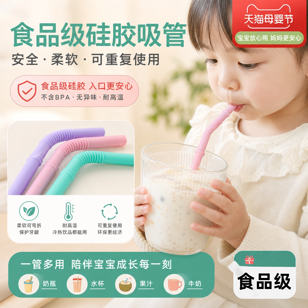 食品级硅橡胶吸管儿童软管孕妇喝水杯管弯头吸管循环使用饮料吸管图片