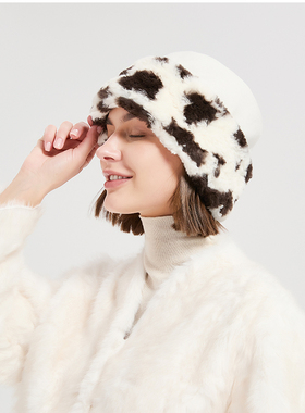 YIJIA灰黑色波点奶牛时髦复古毛毛帽平顶帽盆帽渔夫帽