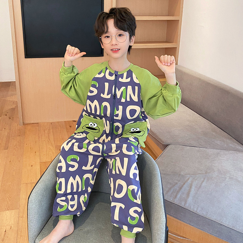 韩版卡通纯棉长袖男童睡袋连体睡衣卡通宝宝青少年大童家居服春秋