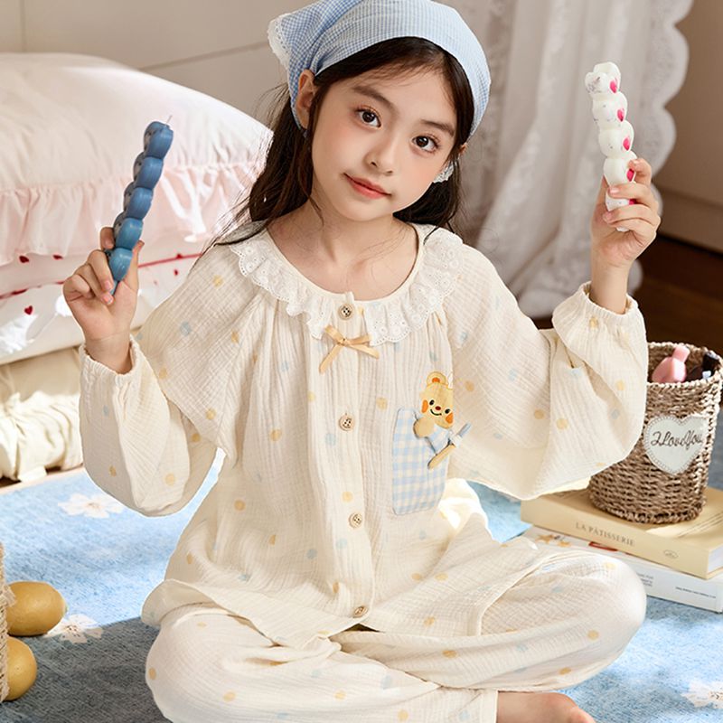 公主小熊纱布女童睡衣纯棉长袖2026韩版女孩秋女孩大童亲子家居服