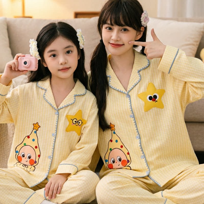 2026韩版星星人母女装纯棉长袖睡衣春秋亲子女童大童休闲家居服薄