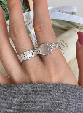 小众重工白猫眼石戒指女冷淡风时尚精致百搭高级感羽毛开口食指戒