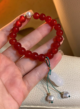 仿天然石手链仿珍珠手饰本命年红色国潮新年手串新款2025气质女友