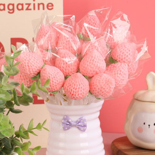 3D立体草莓长棒花束棉花糖