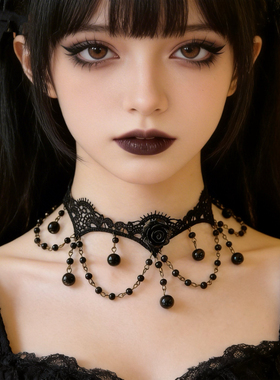 复古哥特黑蕾丝珍珠吊坠锁骨链