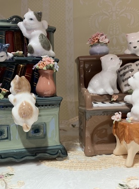 出口Cosmos猫书柜 狗钢琴 高端陶瓷音乐盒摆件结婚节日生日礼