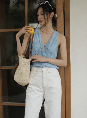 otherbela小众设计感简约清冷蓝夏季绑带吊带背心短款上衣博主风