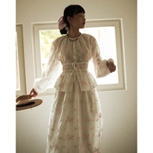 otherbela小众设计感圆领绑带收腰花朵刺绣质感衬衫 上衣 灯笼长袖