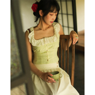 otherbela小众海岛度假风法式 背心上衣 清新格纹蕾丝花边收腰短款