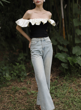 otherbela小众设计感一字领短款撞色荷叶边修身T恤上衣