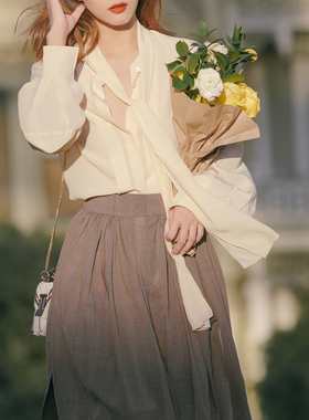 Bela studio澳洲小众领口系带气质复古长袖衬衣小章鱼同款