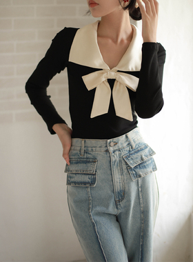 otherbela法式设计感复古撞色蝴蝶结清冷气质翻领针织衫长袖T恤