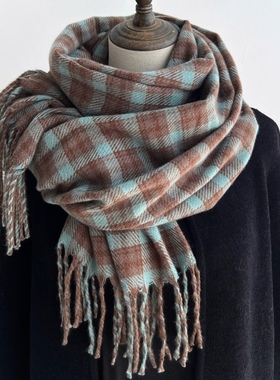 慵懒风韩版时尚拼色英伦红色蓝色格子围巾女冬季格纹披肩两用保暖