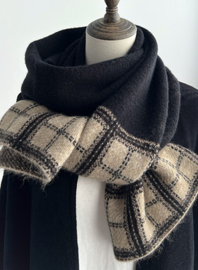 网红秋冬新款围巾男女通用小香风格针织拼色格子加厚保暖围脖冬天