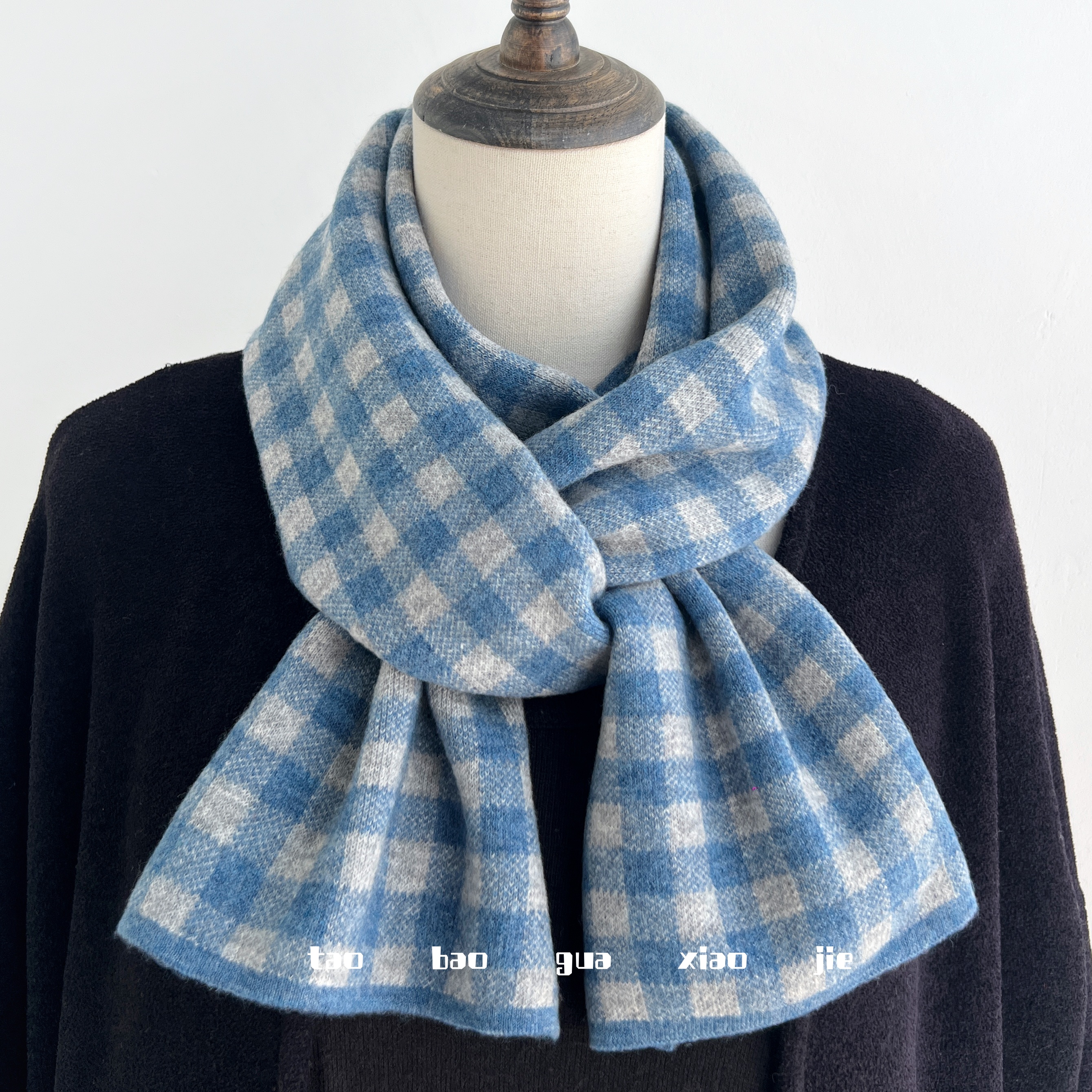 100%纯羊毛蓝色格子围巾女冬季高级感男针织毛线保暖短款小围巾