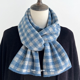 100%纯羊毛蓝色格子围巾女冬季高级感男针织毛线保暖短款小围巾